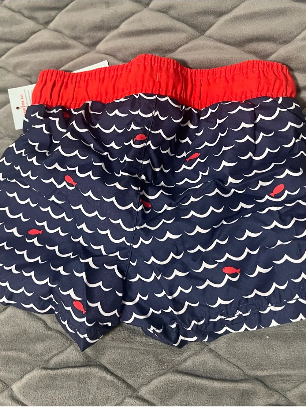 Cat & Jack Boy’s Navy Swim Trunks with Red Waistband and Fish Print